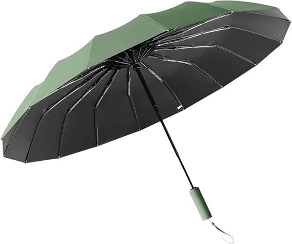 16-Rib Compact Travel Umbrella for Rain and Sun - 41.7 Inches Small Automatic Folding Umbrella - Sturdy Portable Windproof Umbrella(Dark Green)