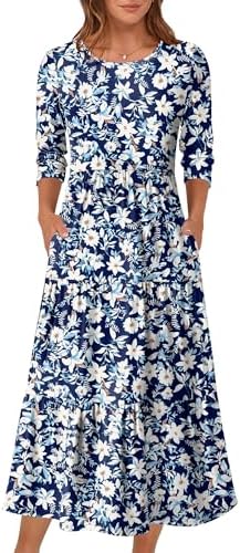 Prinbara Womens 34 Sleeve Casual Maxi Floral Dresses 2026 Spring Crewneck A-line Tiered Flowy Summer Boho T Shirt Long Dress