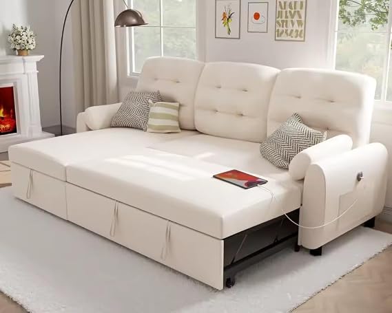 Sofa Bed with Reversible Storage Chaise Pull Out Couch for Living Room Side Pocket Charging Station Removable Backrest