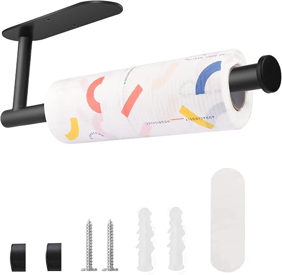 Matte Black Adhesive Paper Towel Holder, Wall Mounted Stick on Paper Towel Holder Under Cabinet, Rust-Proof Paper Towel Hanger for Kitchen, Bathroom