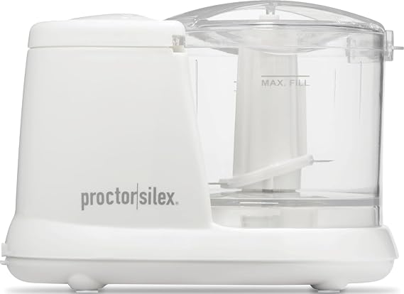 Proctor Silex Durable Electric Vegetable Chopper & Mini Food Processor | 1.5 Cup Bowl | Pulse Speed Control For Chopping, Puree & Emulsify | Stainless Steel Blades | Dishwasher Safe | White | 72500J