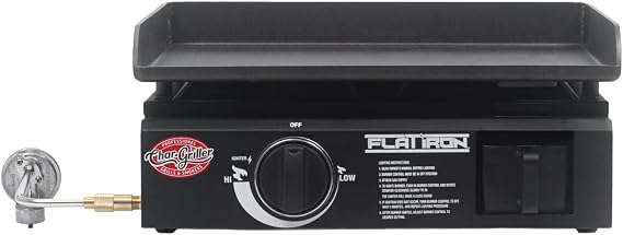 Char-Griller Flat Iron 1-Burner Portable Propane Gas Flat-Top Griddle with Steel Griddle Top, Includes Electronic Ignition, 265 Cooking Square Inches in Black, Model E8217
