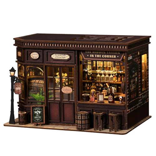 Corner Tavern Book Nook Kits for Adults - DIY Miniature Doll House Kit with LED Lights, 3D Wooden Puzzles, Teens & Beginners, Unique Gift for Book Nooks Lovers, Bookshelf Decor
