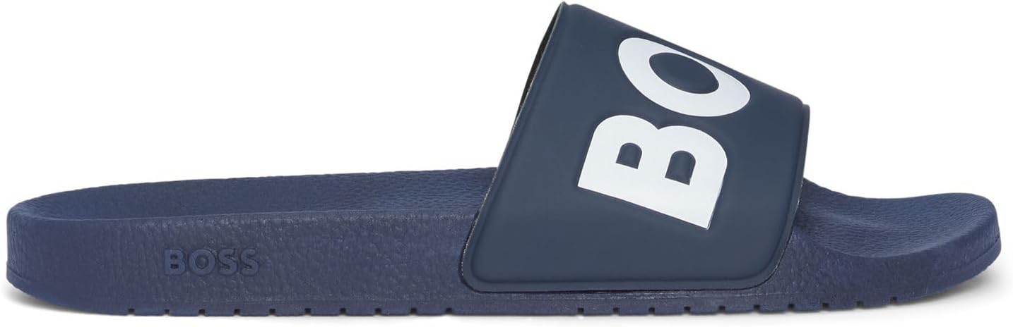 BOSS Men's Bay Slid Italian Made Slides with Logo Straps and Contoured Footbed Size