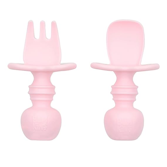 Bumkins Baby Utensils Set, Chewtensils Silicone Spoons for Dipping, Self-Feeding, Baby Led Weaning, Trainer Learning, First Stage Eating, Soft Practice Fork and Spoon, Babies 6 Months, Pink
