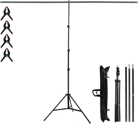 T-Shape Portable Background Backdrop Support Stand Kit 6.5ft Wide 8.5ft Tall for Video Studio Photography with 4 Spring Clamps and Carrying Bag