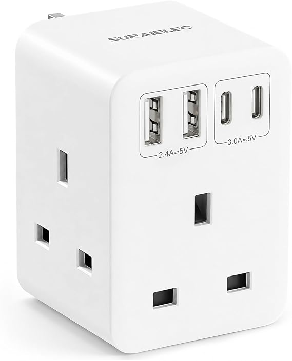 SURAIELEC Plug Extension Socket with USB, 3 Way Plug Adapter UK with 4 USB