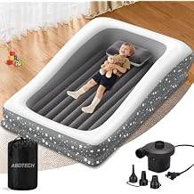 Inflatable Toddler Travel Bed - 67'' Large Size Safety Kids Air Mattress with 4 Sides - Portable Camping Bed for Outdoor Sleepovers, Easy to Inflate & Deflate with Storage Bag & Pump, Grey