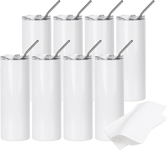 PYD Life 8 Pack Sublimation Tumblers 20 OZ with 10 PCS Shrink Wrap Films | Double Wall Stainless Steel Straight Skinny Cups with Lids and Straw, for Tumbler Heat Press Sublimation Oven Printing