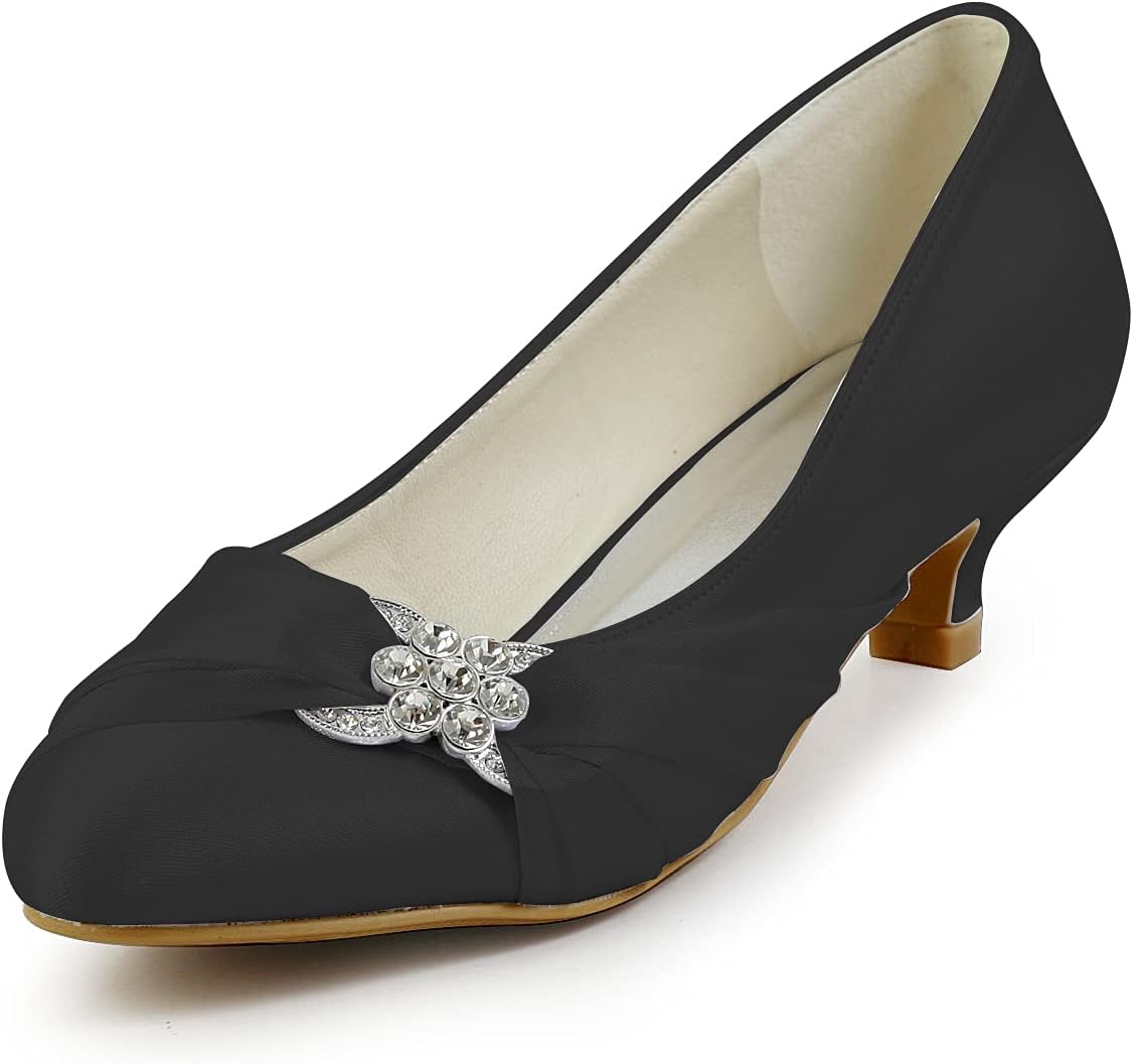 JIAJIA 0112A Women's Bridal Shoes Closed Toe Low Heel Comfort Satin Pumps Crystal Wedding Shoes