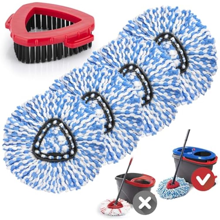 Spin Mop Replacement Heads for O Cedar RinseClean 2-Tank System, 4 Pack Microfiber Mop Refill Heads, Include 4 Mop Heads and 1 Mop Brush