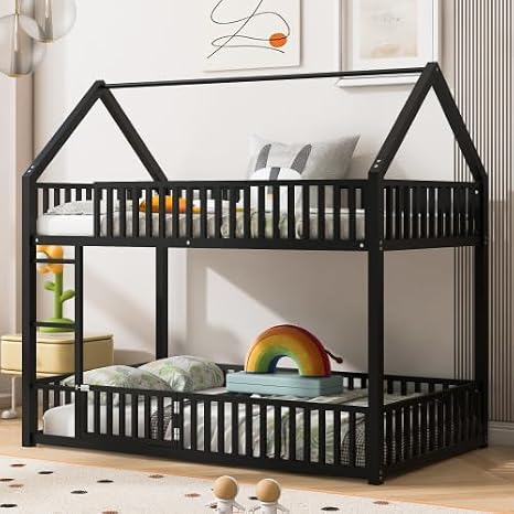Bellemave Metal Kids Bunk Bed with Fence and Door, Twin Over Twin Floor Bed with Roof for Girls Boys, Black