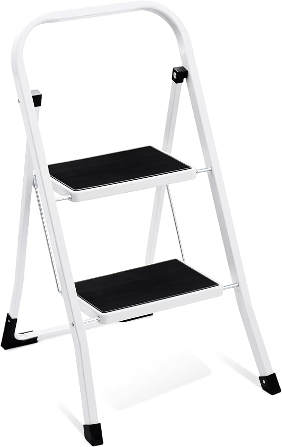 2 Step Ladder Step Stool, Sturdy Step Stools for Adults with Wide Anti-Slip Pedal, Portable Folding Step Stool with Handle, Lightweight Steel Step Ladder, 330lbs Capacity Kitchen Step Stool, White