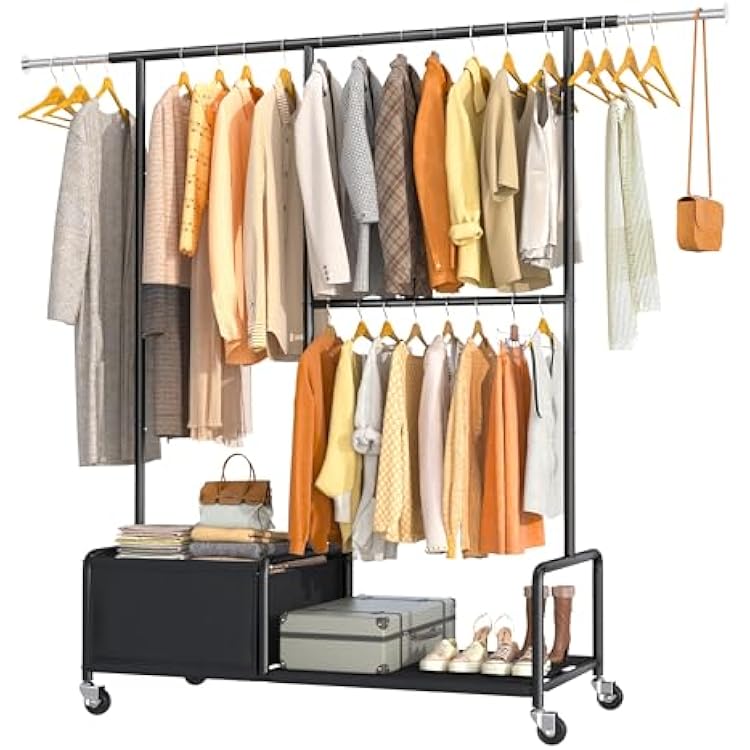 Raybee Clothes Racks for Hanging Clothes with Shelves, Adjustable Clothing Rack with Lockable Wheels, Multi-Functional Closet Rack For Bedroom, Heavy Duty Garment Racks 400 LBS for Hanging Clothes