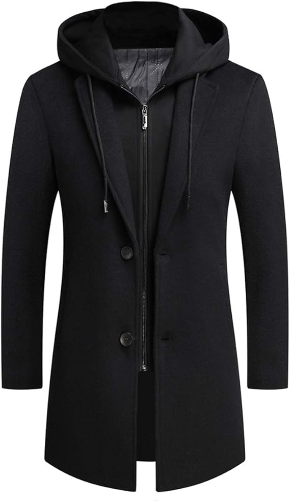 PRIJOUHE Mens Wool Trench Coat Winter Hooded Pea Coat Long Jacket Overcoat | Slim Fit Mid Length Peacoat Single Breasted Trenchcoat Warm Casual Business Dress Fall Notched Lapel Collar Detachable Hood