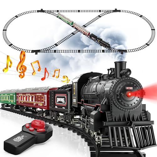 Hot Bee Train Set, Remote Control Train Toys with Luxury Track & Glowing Passenger Carriages, Metal Christmas Tree Train with Smoke, Light and Sound, Toy Train Set for 3 4 5 6 7 Years Old Boys Gifts