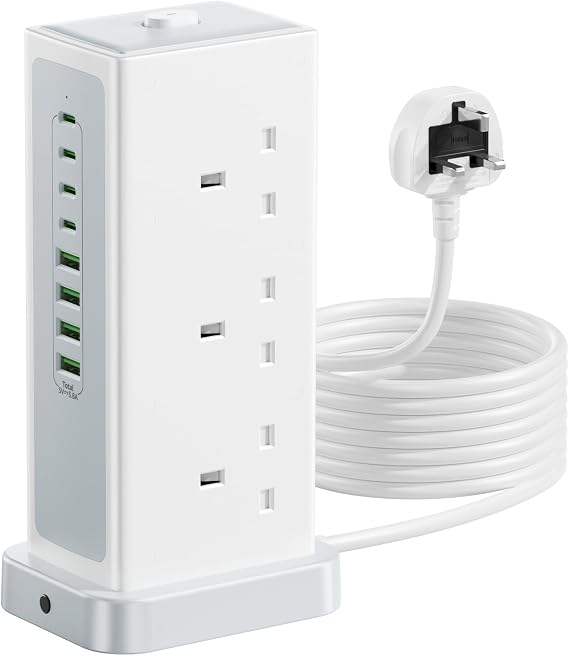 Tower Extension lead with USB Slots,6 Way (13A/3250W) Plug Extension Socket with 4 USB C & 4 USB A, Overload Protection Multi Plug with Switch 3M Extension Cable for Office, Home, Kitchen