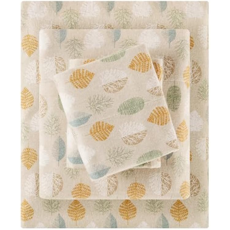 True North by Sleep Philosophy Flannel Sheets Queen Size, Cozy 100% Cotton Flannel Bed Sheets, Ultra Soft Cute Sheet Set, Novelty Print Themed Cold Weather Warm Bedding Set,Multi Leaves 4 Piece