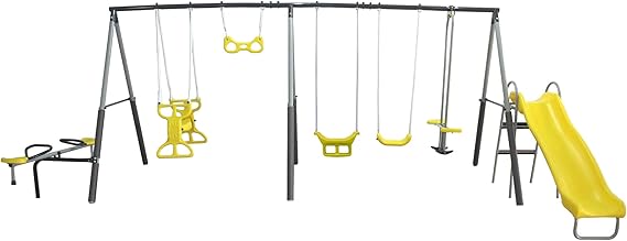 XDP Recreation Rising Sun Playground Metal A Frame Kids Swing Set with Outdoor Backyard Playset with Slide, See Saw, Glider, and Swings, Yellow