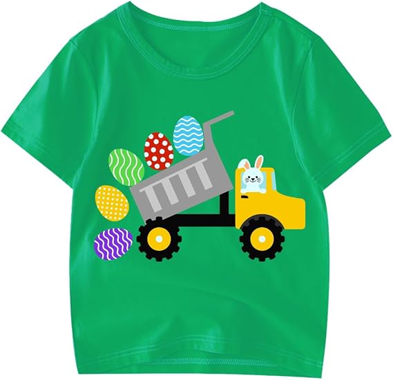 Kids Easter Shirt Boys Girls Eggs Hunts Tractor Monster Truck Graphic Tees Toddler Easter Bunny Short Sleeve T-Shirt Top