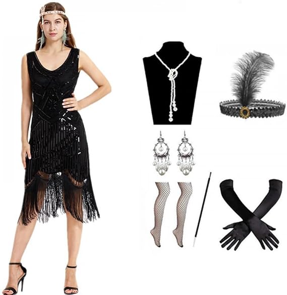 Women Vintage 1920s Dress Fringed Great 1920 Dress V Neck Beaded Fringed Dress Vintage Disco Hawaiian Clothes