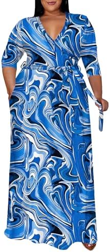 FANDEE Plus Size Maxi Dress Casual 34 Sleeve V-Neck Floral Flowy Long Dress with Belt