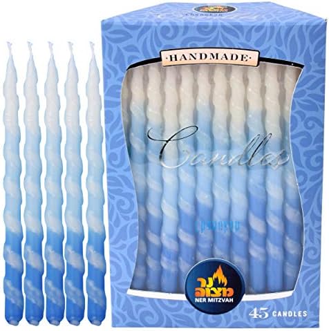 Ner Mitzvah Hanukkah Candles, Blue and White Spiral Dripless Chanukah Candle, Premium Quality Wax, 45 Candles for All 8 Nights