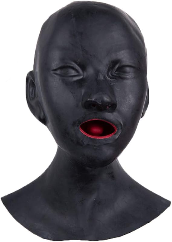 Latex Hood Women Rubber Hood Anatomical Heavy Mask Lined with Red Mouth Sheath Tongue and Nose Tube Latex Mask