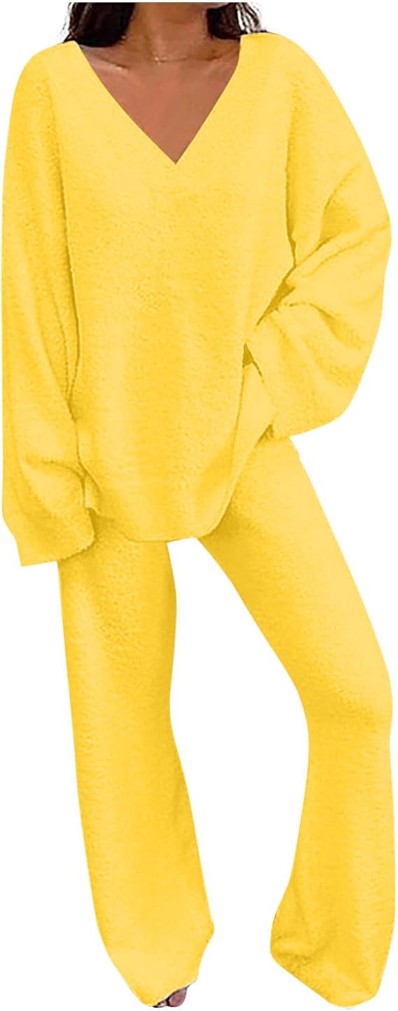 Lastesso Womens Loungewear Sets 2 Piece Plus Size Pajamas Fashion Solid V Neck Pullovers and Comfy Trousers Outfits 2 Piece