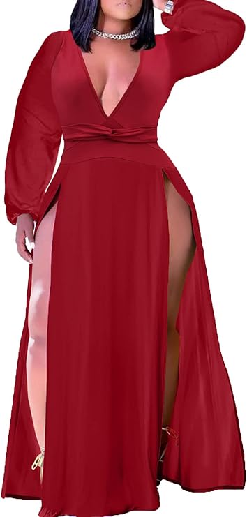 Women's Plus Size Maxi Wrap Dress Sleeveless Deep V Neck Split Dress | Elegant front slit,formal evening, party,club,side split,sleeveless maxi dress