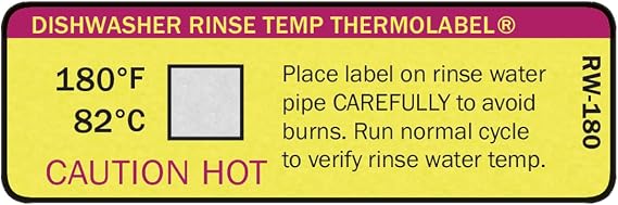 Dishwasher Rinse Temp THERMOLABEL 180F/82C for Hot Water Sanitation Dishwashers with an External Rinse Water Pipe
