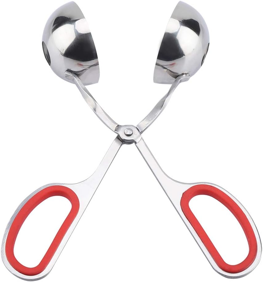 None-Stick Meat Ballers Stainless Steel Ice Tongs - Rice Meatball Maker, Cookie Scoop, Meatball with Rubber Anti-slip HandleRed