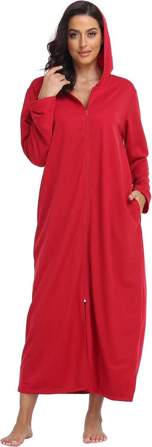 Womens Zip Up Robes Hooded Long Housecoat Sweatshirt Full Length Bathrobe Loungewear Soft Nightgown with Pockets