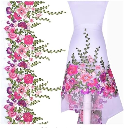 1.5Yard 16.9'' Extra Wide Embroidered Colorful Flowers Lace Trim, Handmake lace Fabric Part of Dress Home Party Sewing on Applique Patches for DIY Decoration (White)