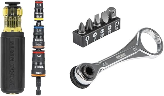 Klein Tools Impact Driver 7-in-1 Flip Socket Set with Handle and 5-Piece Mini Ratchet Set for Tight Spaces