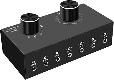 6-Way Audio Switcher, 3.5mm 18 Stereo Audio Switcher, Plug & Play Compatible with PC, Laptop, MP3, MP4, Headphone, Game System ect. 6 in-1 Out
