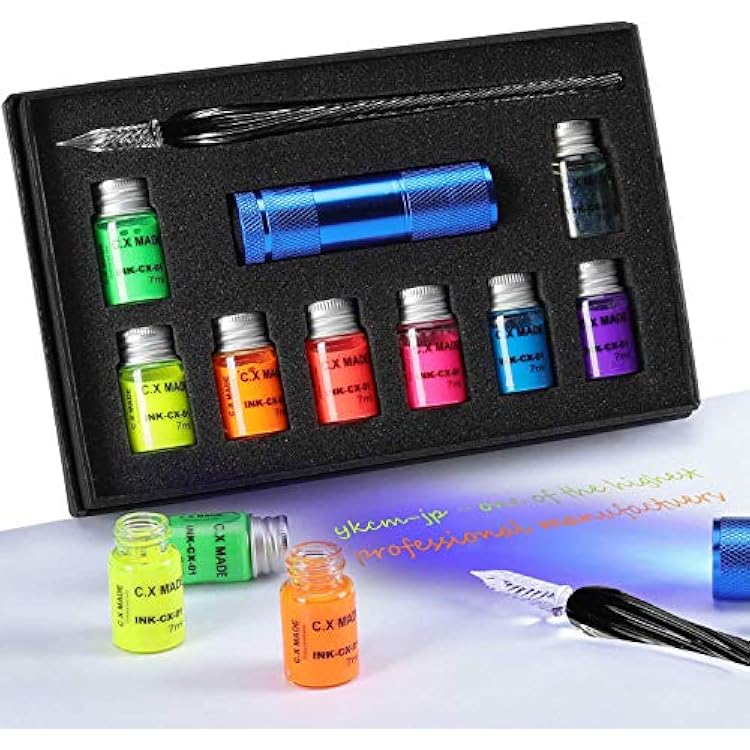 ESSSHOP Glass Dipped Pen Calligraphy Set - 7 Colorful Inks with Fluorescent & Invisible Ink Dip Pen Kit for Writing Signing Drawing Calligraphy Decoration Christmas day gifts