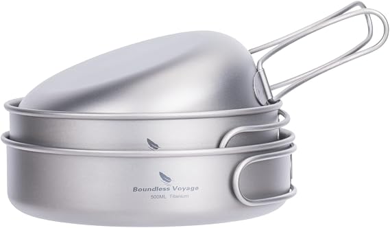 Camping Titanium Pots Set Titanium Bowl Set Outdoor Cookware Cooking Pan Pot with Folding-Handle Travel Kitchen Mess Kits Picnic Hiking Dishes ti2031c