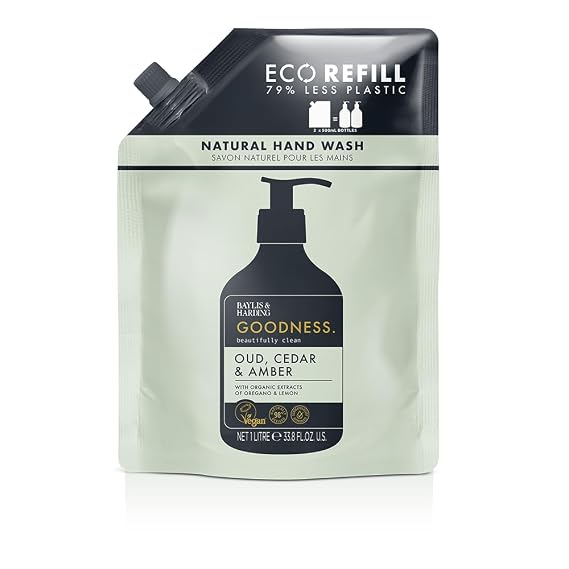 Baylis & Harding Liquid Hand Soap Refills, Goodness, Oud Cedar & Amber, 1 Liter