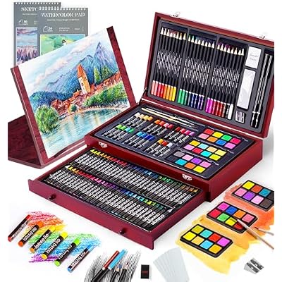 147 Piece Deluxe Art Set, Art Supplies Wooden Art Box, Drawing Painting Kit with Sketch Pad, Watercolor Pad, Crayons, Oil Pastels, Colored Pencils, Creative Present Box for Adults Artist Beginners