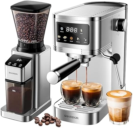SHARDOR Espresso Machine with Grinder Bundle Separate Conical Burr Coffee Grinder with 48 Adjustable Grind Settings, 20-Bar Espresso Machine with Steam Wand for Home Barista