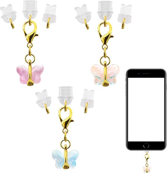 3 Pack Charging Port Anti Dust Plug, Butterfly Pendant Phone Charm for iPhone Dust Cover+ Type/USB C+ Micro USB, Most Mobile Phones are Universal(Light Blue, Pink, Transparent)