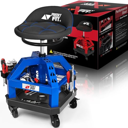 Rolling Shop Stool for Garage with Casters, DO02-Adjustable Height 360 Swivel Shop Seat with Tool Tray Storage, 330 LBS Capacity Padded Mechanic Stool, Magnetic Tool Hold, Heavy Duty, Blue