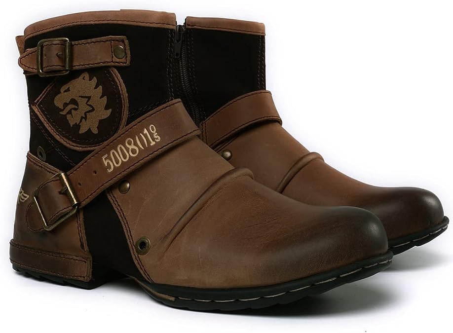 Moto Boots for Men Fashion Zipper-up Leather Chukka Boots Casual Shoes Retro Style Combat Hiking Dress Ankle Boots for Men