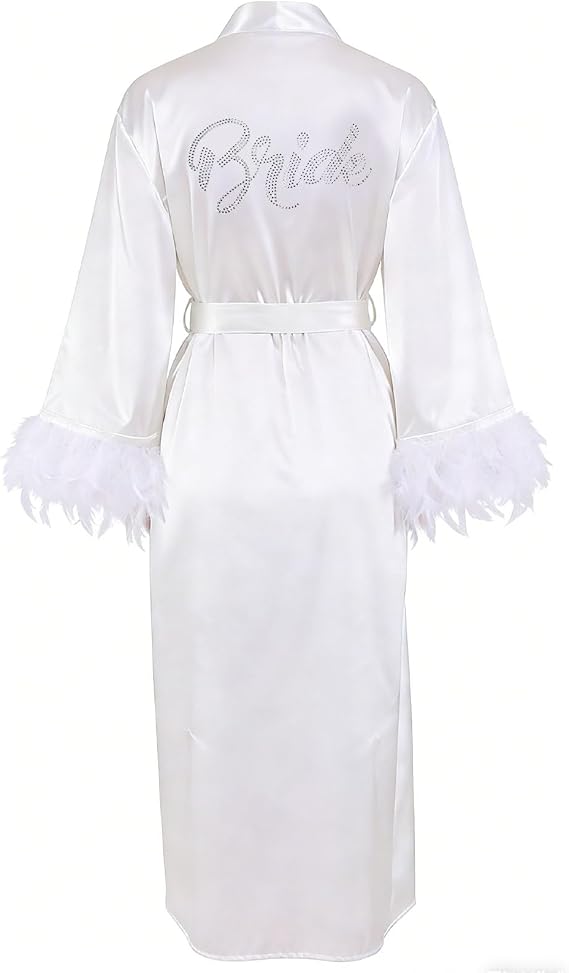 Bride Robe with Feather for Wedding Day Bridal Satin Robe Sexy Silk Bride Bathrobe Wedding Party Getting Ready Outfit