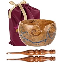 Wooden Yarn Bowl for Crocheting, Mango wood Large Knitting & Crochet Yarn Holder for Yarn Storage, Fractal Wood Burning with Blue Resin Inlay (Large 7x7x4 inch)