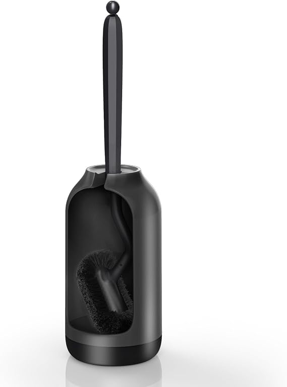 HAMITOR Toilet Bowl Brush Holder Set: Bathroom Deep Cleaning Toilet Cleaner Scrubber Under Rim with Curved Bristle for Dead Corner Clean - Hidden Rv Toilet Decorative Accessories with Caddy- Black
