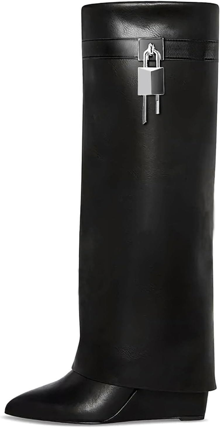 Fold over Boots for Women Knee High Black Boots Pointed Toe Wedge Heel Wide Calf Faux Leather Shark Boot with Padlock