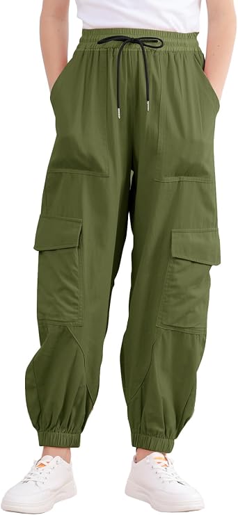 Girls Cargo Pants Elastic Waist Casual Jogger Pants for Girls 7-14Year