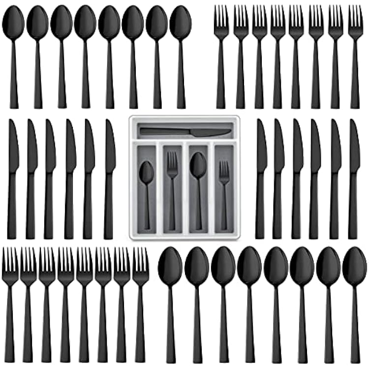 LIANYU 60-Piece Black Silverware Set with Organizer Tray, Stainless Steel Square Flatware Cutlery Set for 12, Black Eating Utensils for Home Restaurant, Dishwasher Safe, Mirror Finished
